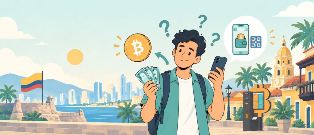Mężczyzna trzymający telefon i banknoty z bitcoin ATM w tle