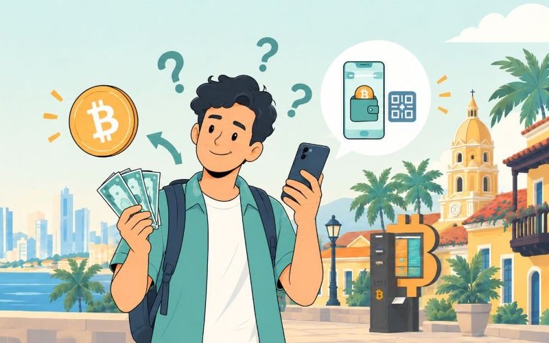Mężczyzna trzymający telefon i banknoty z bitcoin ATM w tle