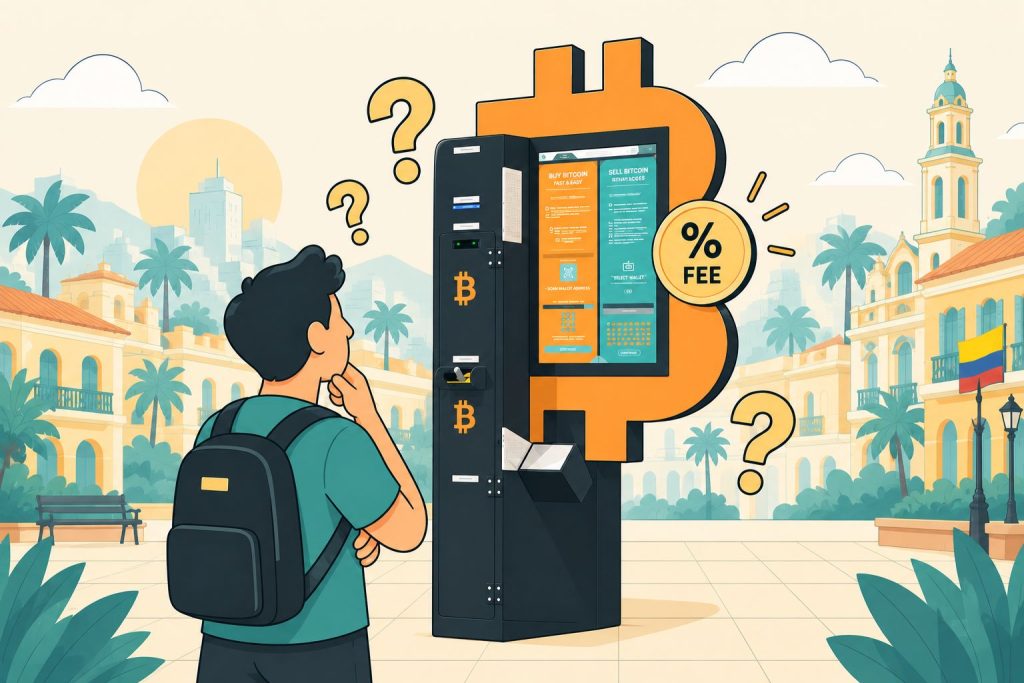 Mężczyzna pod Bitcoin ATM sprawdzający prowizje