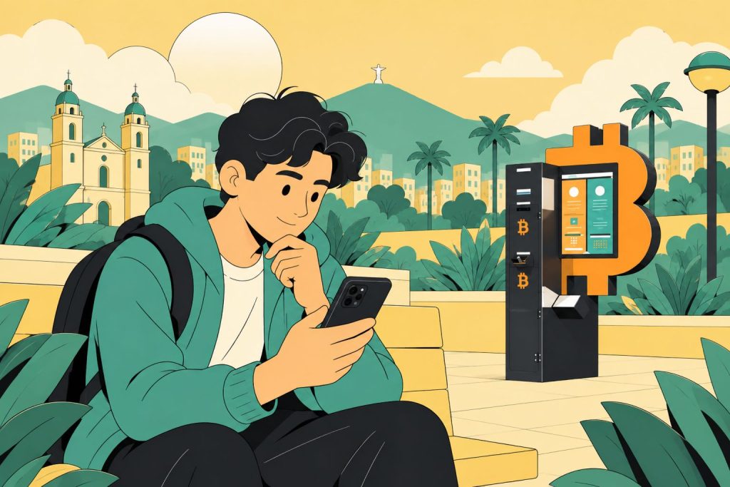 Mężczyzna sprawdzający telefon na tle Bitcoin ATM