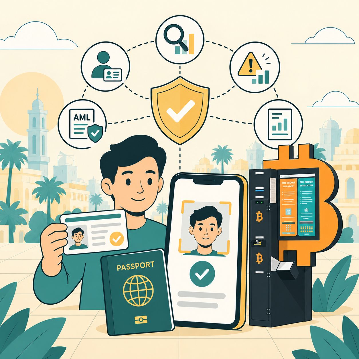 Mężczyzna trzymający dowód tożsamości, telefon, bitcoin ATM