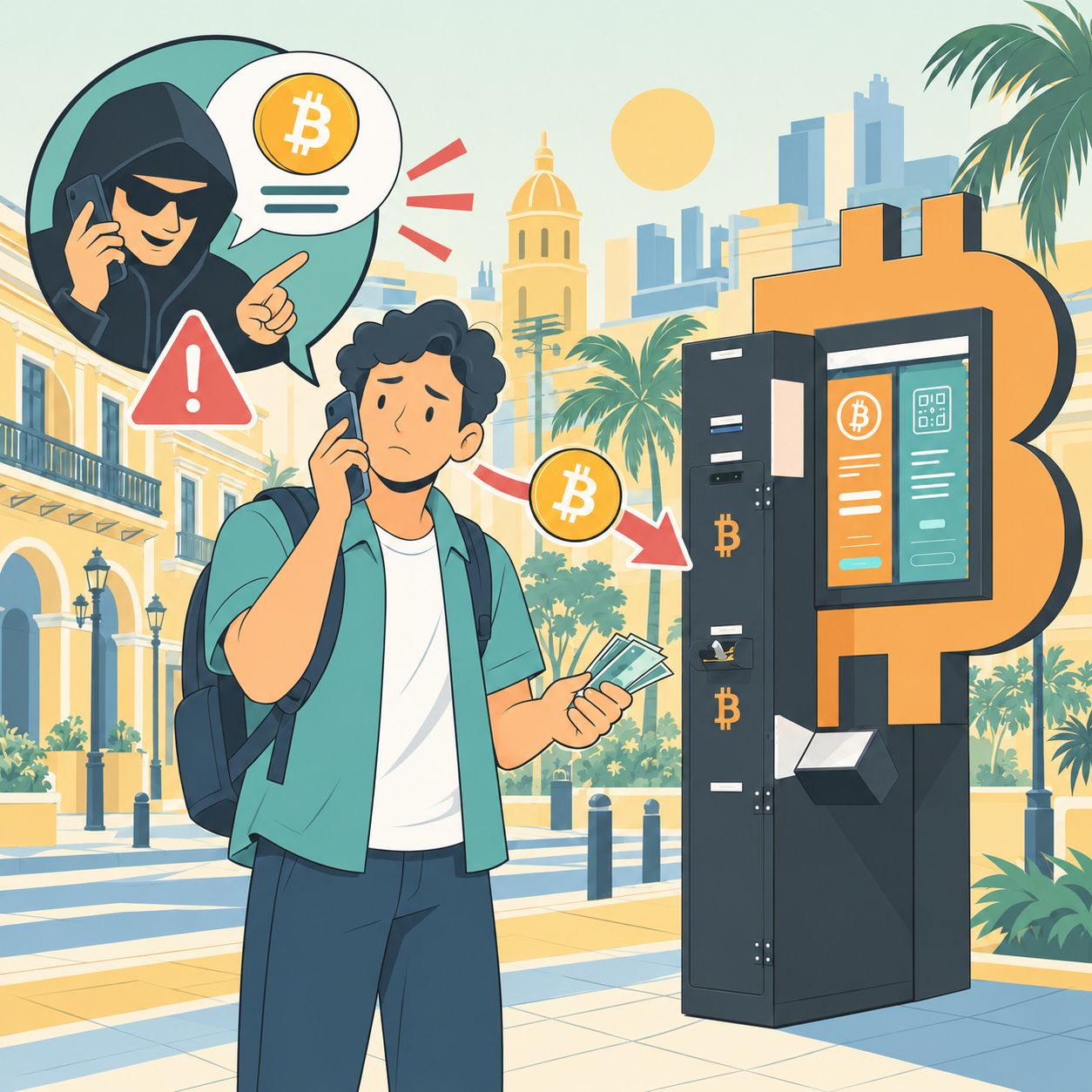 Mężczyzna rozmawiający z oszustem pod bankomatem Bitcoin