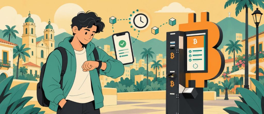 Un hombre mirando su reloj debajo de cajero Bitcoin