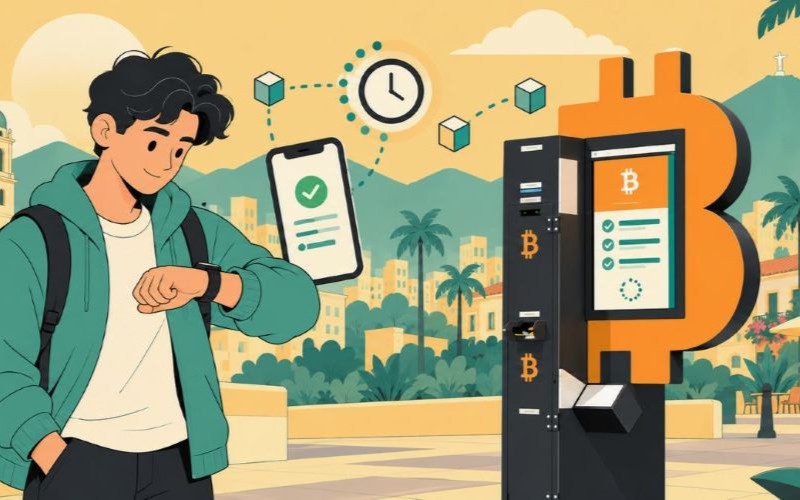 Mężczyzna patrzący na zegarek pod Bitcoin ATM