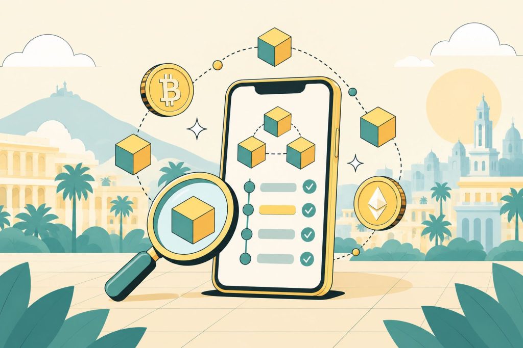 Celular con un ícono de blockchain