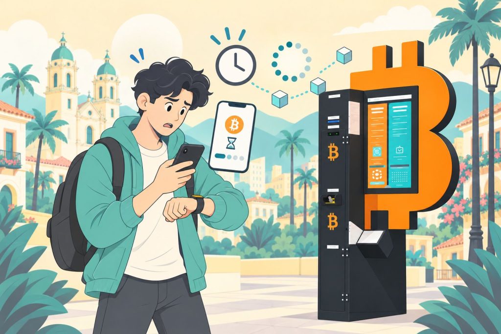 Hombre preocupado mirando su celular junto a un cajero de Bitcoin