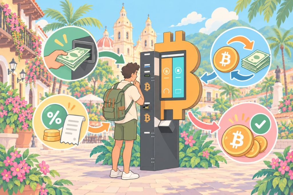 Mężczyzna przy Bitcoin ATM z symbolami prowizji i monet BTC