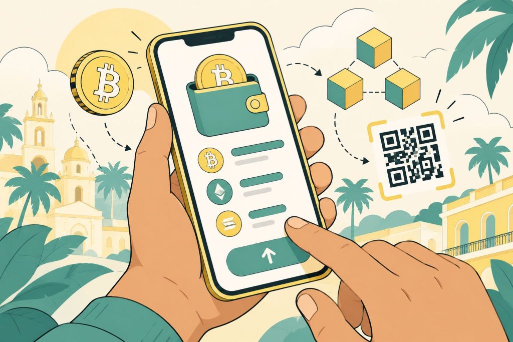 Ręka trzymają telefon na którym jest portfel kryptowalutowy