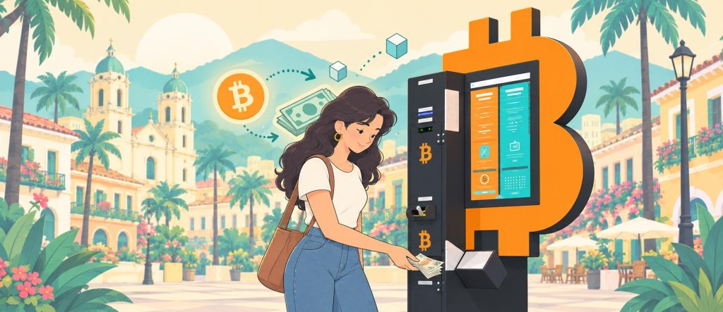 Kobieta przy Bitcoin ATM wypłacająca gotówkę