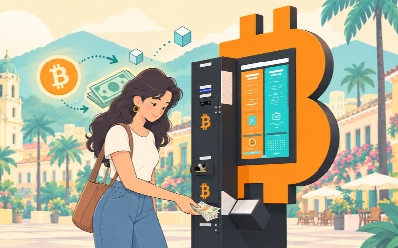Kobieta przy Bitcoin ATM wypłacająca gotówkę
