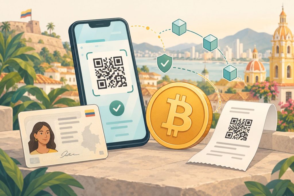 Telefon z kodem QR, dokument tożsamości, moneta BTC, paragon z kodem QR