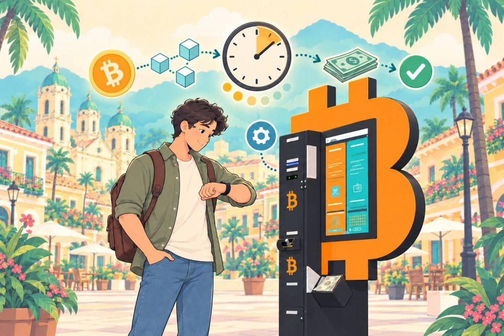Mężczyzna przy Bitcoin ATM patrzący na zegarek