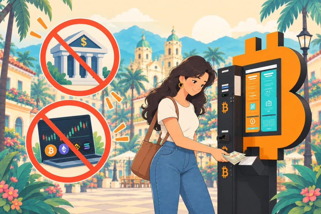 Kobieta przy Bitcoin ATM, obok przekreślone znaki banku i giełdy krypotowalut